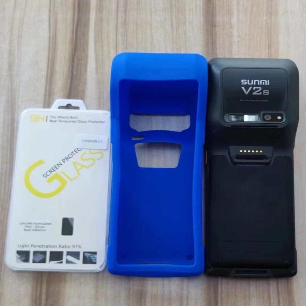 AudioPartner Soft Silicone Anti-Fall Durable Protective Shell Skin Case Cover for SUNMI V2S V2 Tempered Glass Screen Protector Film (V2S Blue case and Glass)
