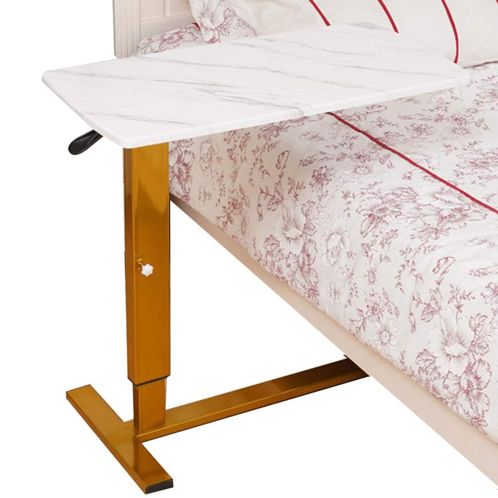 Adjustable Height Standing C Shape Desk, Sofa Side Table with Wooden Marble Texture Mesa and Steel Frame,Multi-Purpose Portable Rolling Laptop Desk (Gold 85cm)