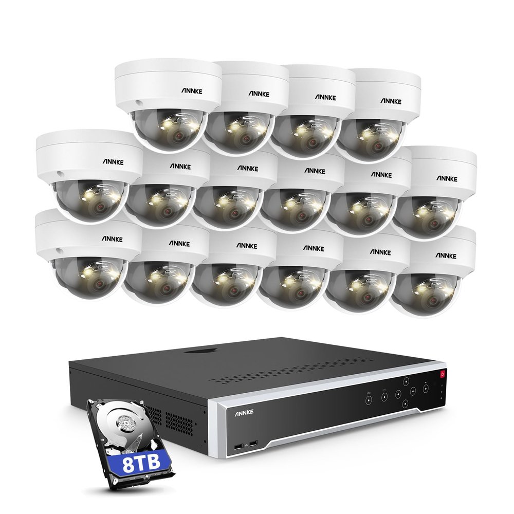 ANNKE 5MP Security Camera System, 16 Ports Expandable 32CH 12MP H.265+ NVR, 16x 3K PoE Wired IP Dome Cams with Mic, Spotlight Color Night Vision, IP67, AI Motion & 1CH Face Detection, 8TB Hard Drive