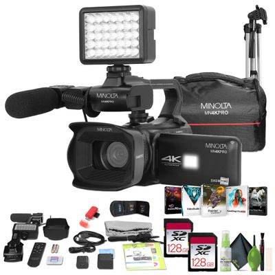Minolta MN4KPRO 4K60FPS UHD 64 MP Autofocus Pro Camcorder Kit w/WiFi Bundle with 2X 128GB Memory Card + 72" Camera Tripod + USB Card Reader, SD/microSD + Corel Photo, Video, & Art Suite Deluxe