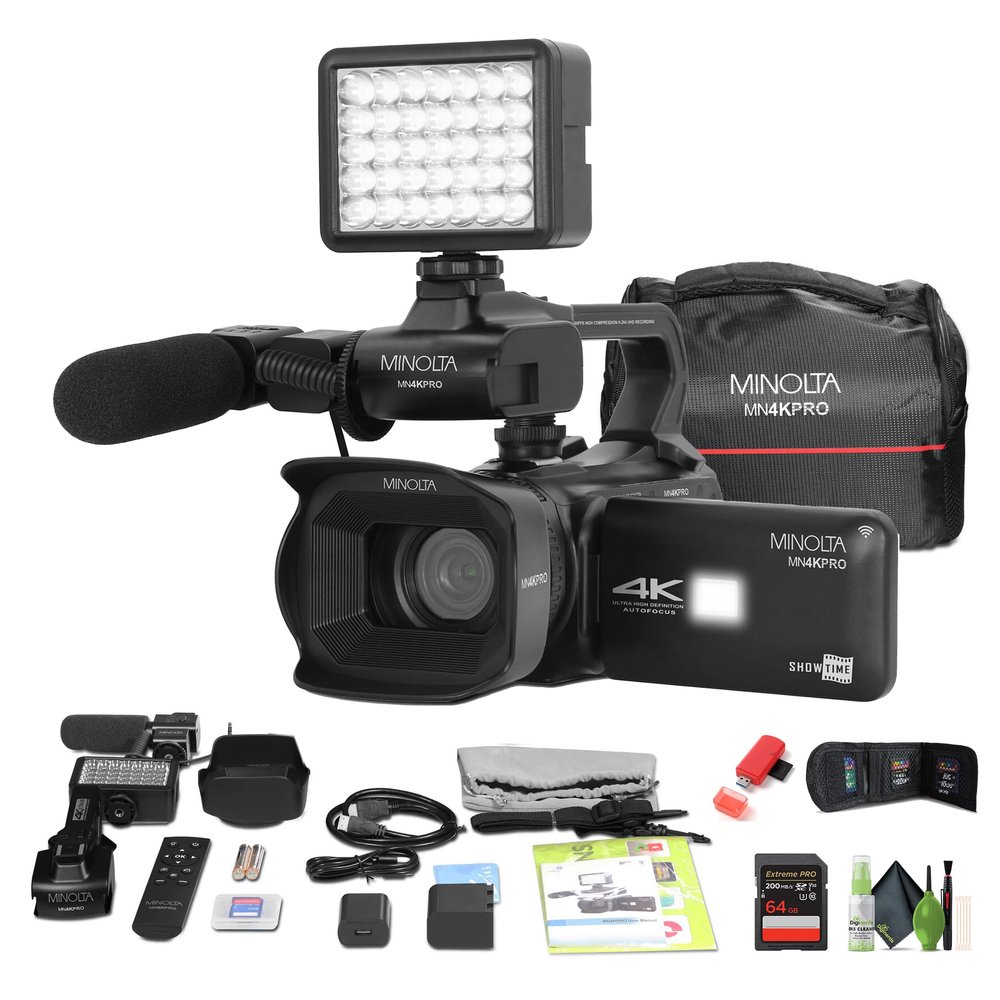 Minolta MN4KPRO 4K60FPS UHD 64 MP Autofocus Pro Camcorder Kit w/WiFi Bundle with 64GB Memory Card + Cleaning kit + Memory Card Wallet + USB Card Reader, SD/microSD