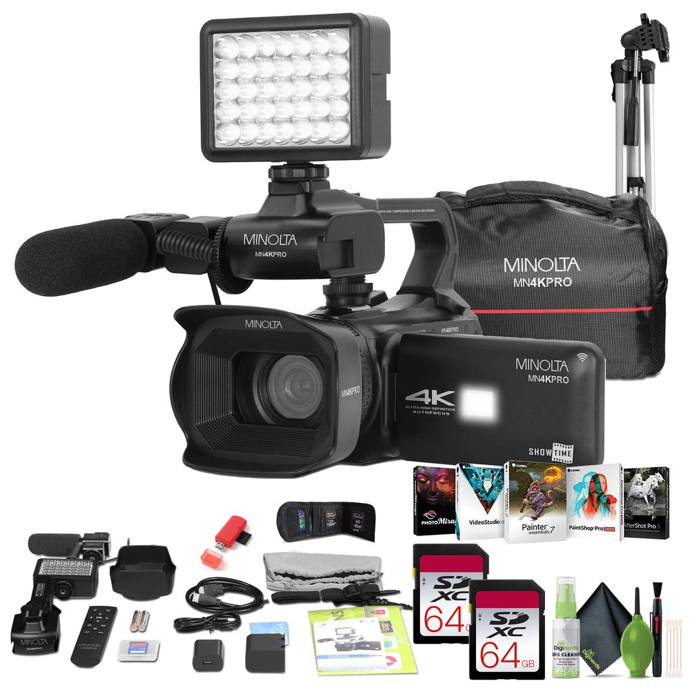 Minolta MN4KPRO 4K60FPS UHD 64 MP Autofocus Pro Camcorder Kit w/WiFi + 2X 64GB Memory Card + 72" Camera Tripod + USB Card Reader, SD/microSD + Corel Photo, Video, & Art Suite Deluxe