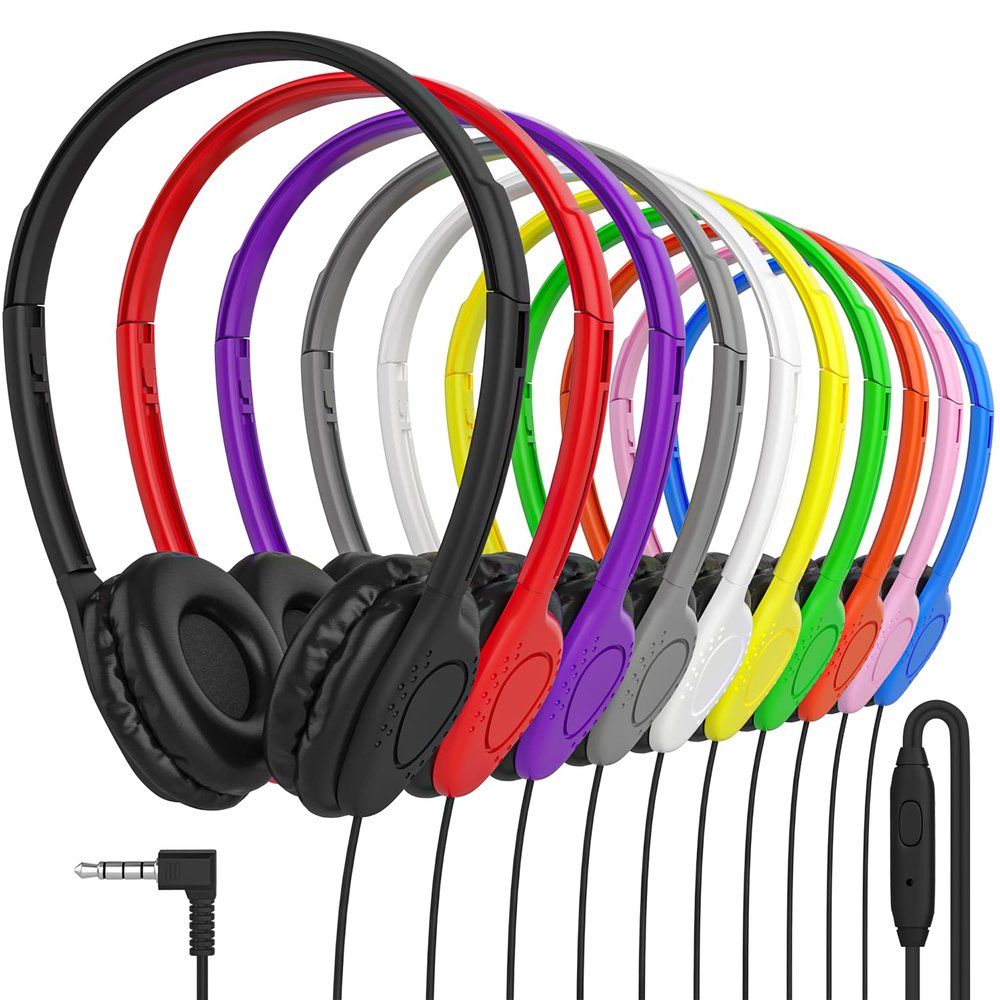 Maeline Bulk Headphones with Microphone, 10 Pack Multicolor Wired On-Ear Headsets  3.5mm Jack, Leatherette Cushions, Adjustable Headband  for Classrooms, Libraries, Remote Learning, Office