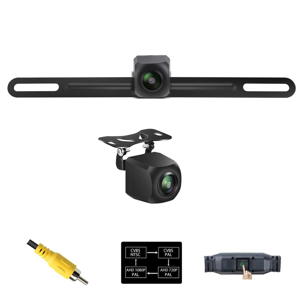2in1 AHD 1080P License Plate Backup Camera for Car, Truck, SUV, Minivan, Camper, RV, Pickup, GreenYi Video Format Switch Button Rear Front View License Plate Frame Camera