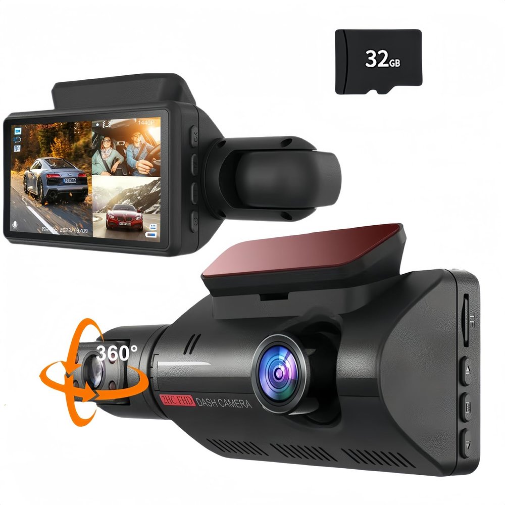 360 Rotating Dual Dash Cam for Cars, 2 Channel Front and Inside Car Camera with 1440P, 170 Wide Angle, Night Vision, Built-in WDR, Free 32GB Card