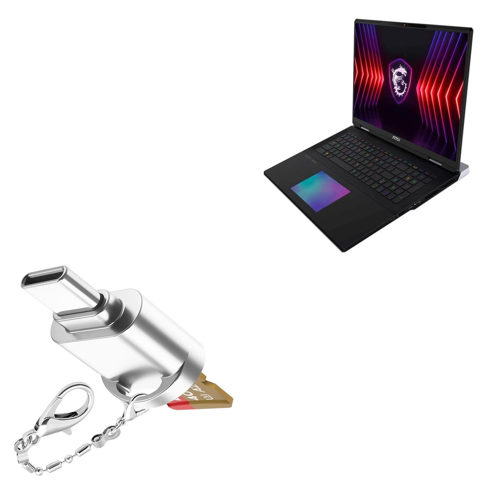 BoxWave Adapter Compatible with MSI 18" Titan 18 HX AI Gaming Laptop - Micro SD Card miniReader, USB Type-C OTG Reader USB3.0 Adapter Keychain - Metallic Silver