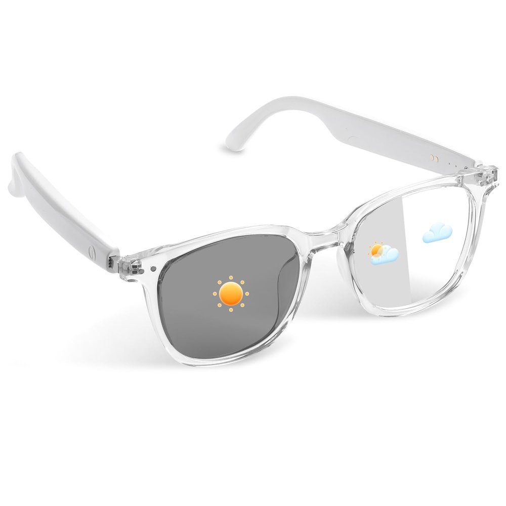 HAIXINDA Bluetooth Glasses for Men & Women, Photochromic Lenses, Open-Ear Audio, Touch Control, Hands-Free Calls & Music, Smart Glasses for Daily Wear, Walking & Travel (Transparent White Frame)