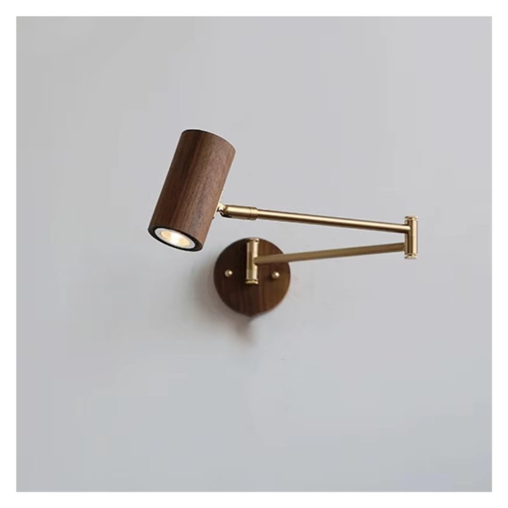 Japanese Walnut Wood Color Original Wood Color Rocker Arm Long Arm Study Reading Light Bedroom Bedside Wall Light(Walnut Color,Warm White)