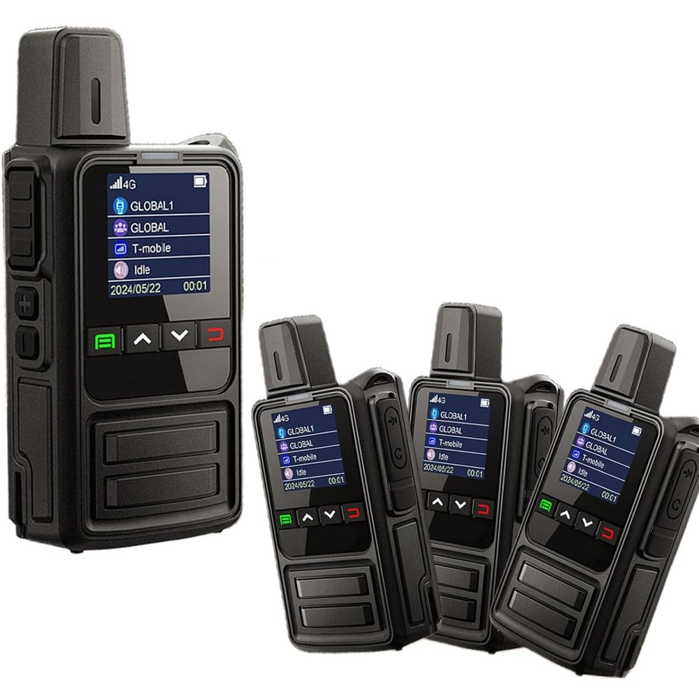 4-Pack Black 4G LTE PoC Walkie Talkies with SIM Cards - Unlimited Range Global Push-to-Talk Two-Way Radios, One-Touch PTT Long Distance Communication for Construction, Fleet & Outdoor Use