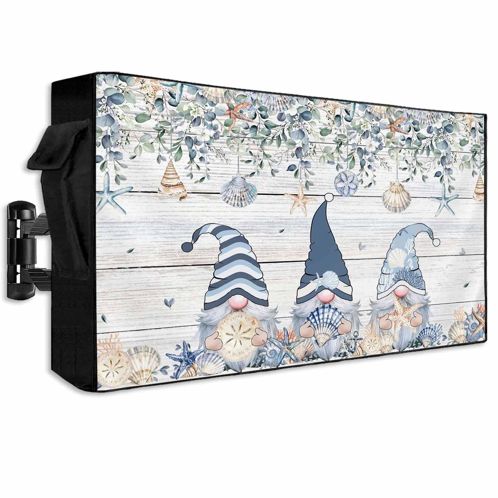 Coastal Eucalyptus Leaf Outdoor TV Cover 70 to 75 Inch Weatherproof, Ocean Blue Gnomes Starfish Wood 600D Oxford Waterproof TV Covers with Zipper, Outside Flat TV Screen Protector 68"Wx42"Hx4.5"D
