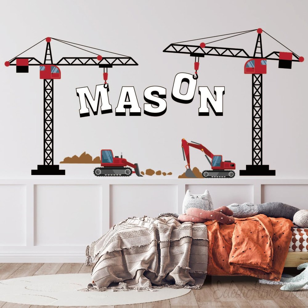 Personalized Construction Truck Wall Decal - Crawler Digger Crane Name Sticker for Boys - Kids Room Nursery Bedroom Removable Vinyl Art, Durable Wall Decor.