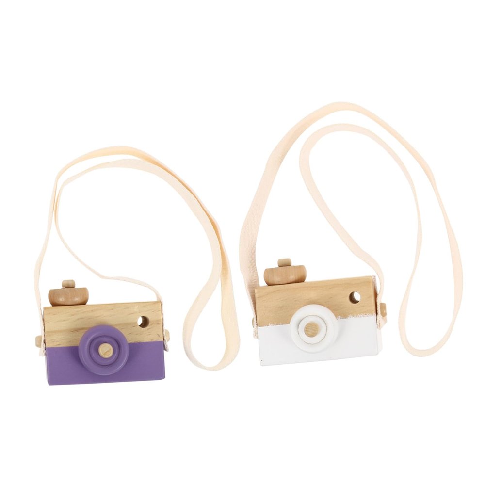 VANZACK 2pcs Wooden Imitation Camera Toy for Boys and Girls Beech Material Playthings and Decor Simulation Camera Model for Birthday and Christmas Cute Neck Hanging Design