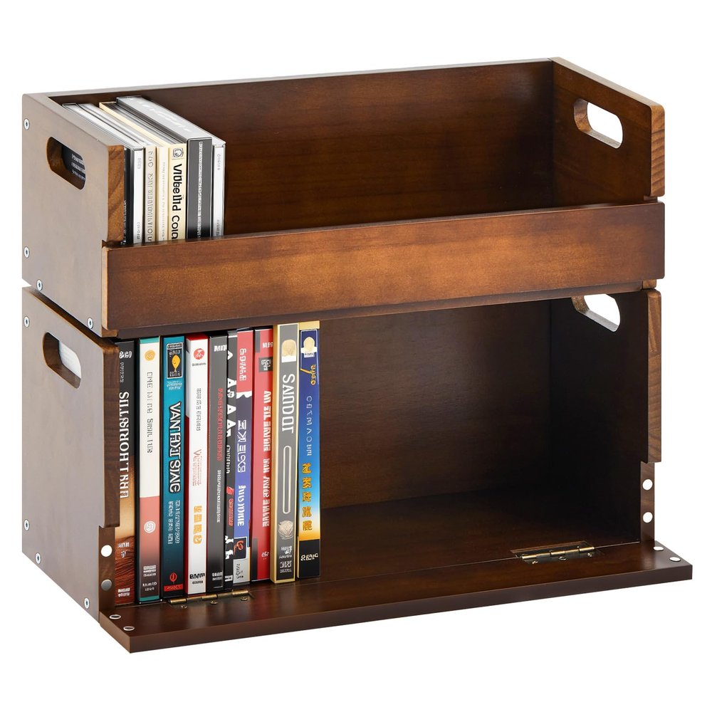 CroBlissful 2 Set Wooden DVD and CD Storage Box Cassette Tape Display Stand Holder Rack with Carrying Handle, Organizer Shelf for Movie Cases, Each Can Store up to 36 CDs and 26 DVDs (Brown)