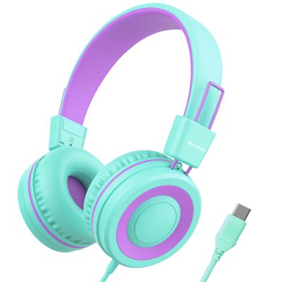 Bywulanda Upgrade USB Type C Kids Headphone for School, 94dB Safe Volume Limited, HD Stereo Sound, Foldable Lightweight On-Ear Headphones for Boys/Girls/Students/Tablet/Travel(Mint Green)
