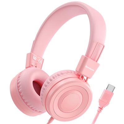 Bywulanda Upgrade USB Type C Kids Headphone for School, 94dB Safe Volume Limited, HD Stereo Sound, Foldable Lightweight On-Ear Headphones for Boys/Girls/Students/Tablet/Travel(Light Pink)