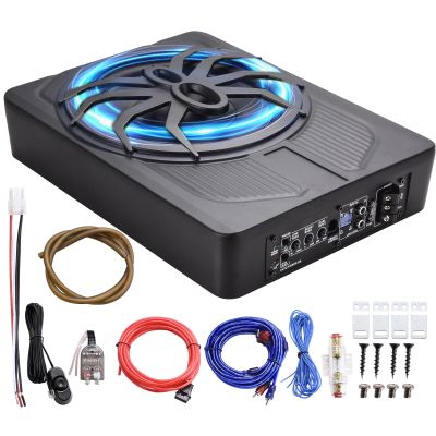 800W 10" Slim Under Seat Car Subwoofer, Car Audio Subwoofers Built-in Amplifier, Powered Truck Subwoofer with Blue LED Ambient Light, New Upgraded Deep Bass for Compact Car/Truck Audio System