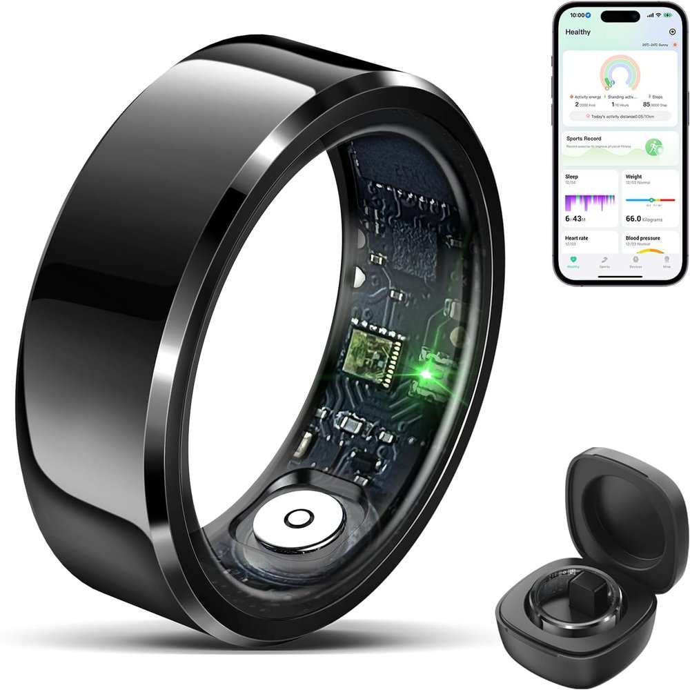 2025 Smart Ring with Air Gesture Control,Heart Rate&Sleep Monitor -Stylish Fitness Ring for Men&Women,IP68 Waterproof,Activity Tracker Records Steps Distance,Compatible with Android&iOS (Black, 8#)