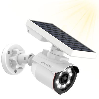 WEILAILIFE Solar Motion Sensor Light Outdoor Wireless Security Floodlight Fake Security Camera with LED Spotlights Waterproof 800 Lumen Bright Exterior Light(White 1 Pack)