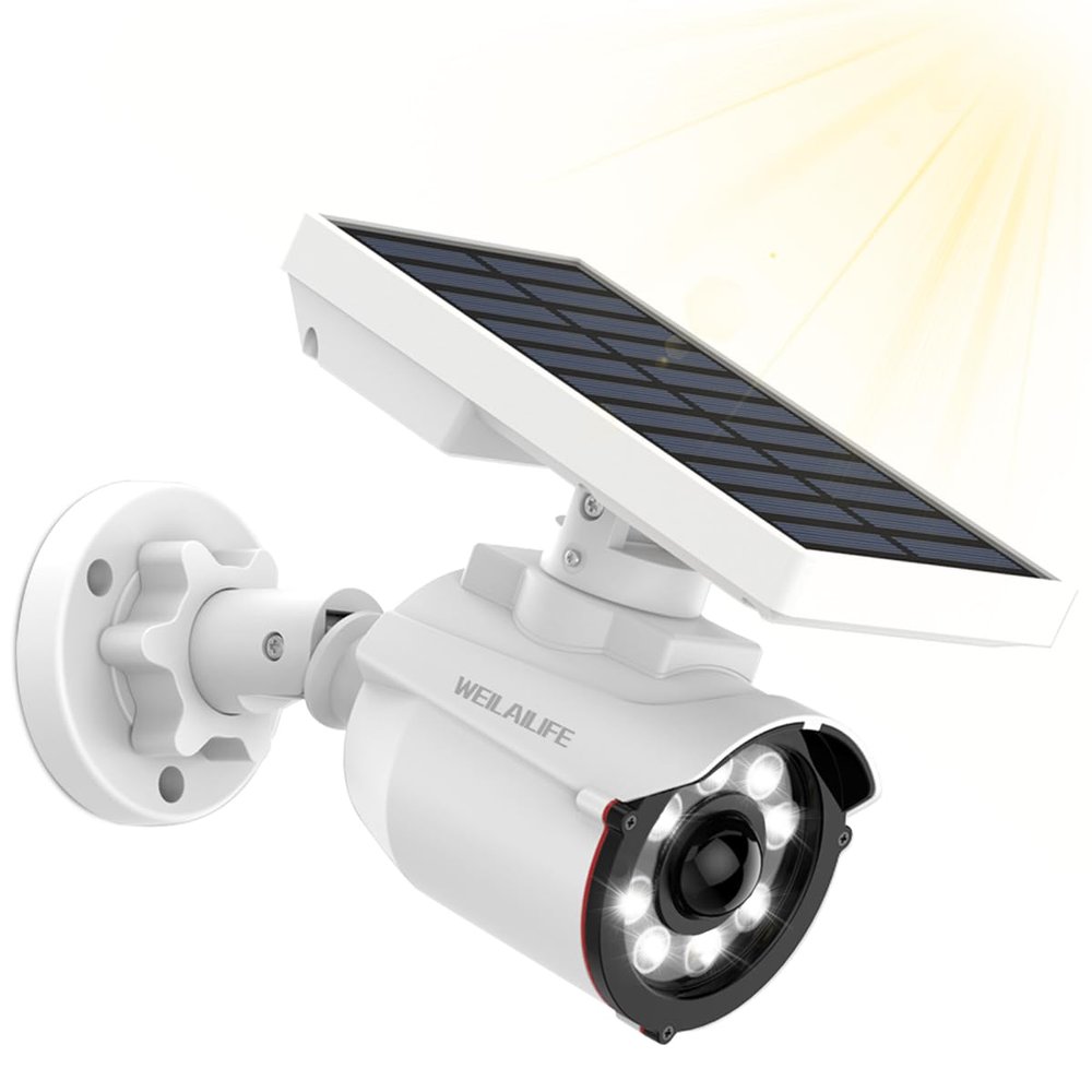 WEILAILIFE Solar Motion Sensor Light Outdoor Wireless Security Floodlight Fake Security Camera with LED Spotlights Waterproof 800 Lumen Bright Exterior Light(White 1 Pack)