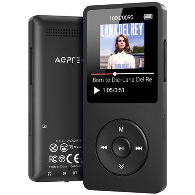 AGPTEK A02 MP3 Player with Bluetooth 5.3, 1.8 inch Screen Portable Music Player with Speaker, FM Radio, Voice Recorder, Supports Expanded Up to 128GB(Black, 64GB)