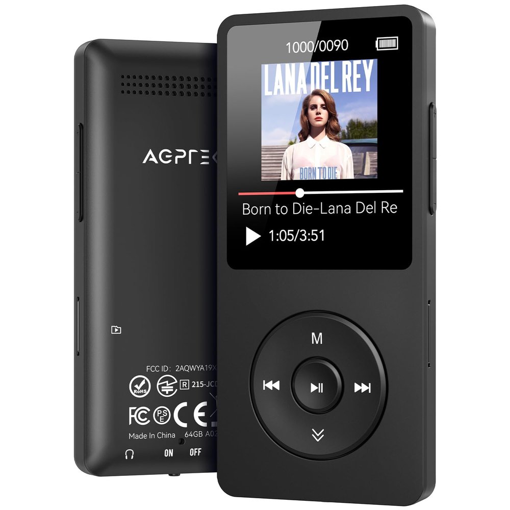 AGPTEK A02 MP3 Player with Bluetooth 5.3, 1.8 inch Screen Portable Music Player with Speaker, FM Radio, Voice Recorder, Supports Expanded Up to 128GB(Black, 64GB)