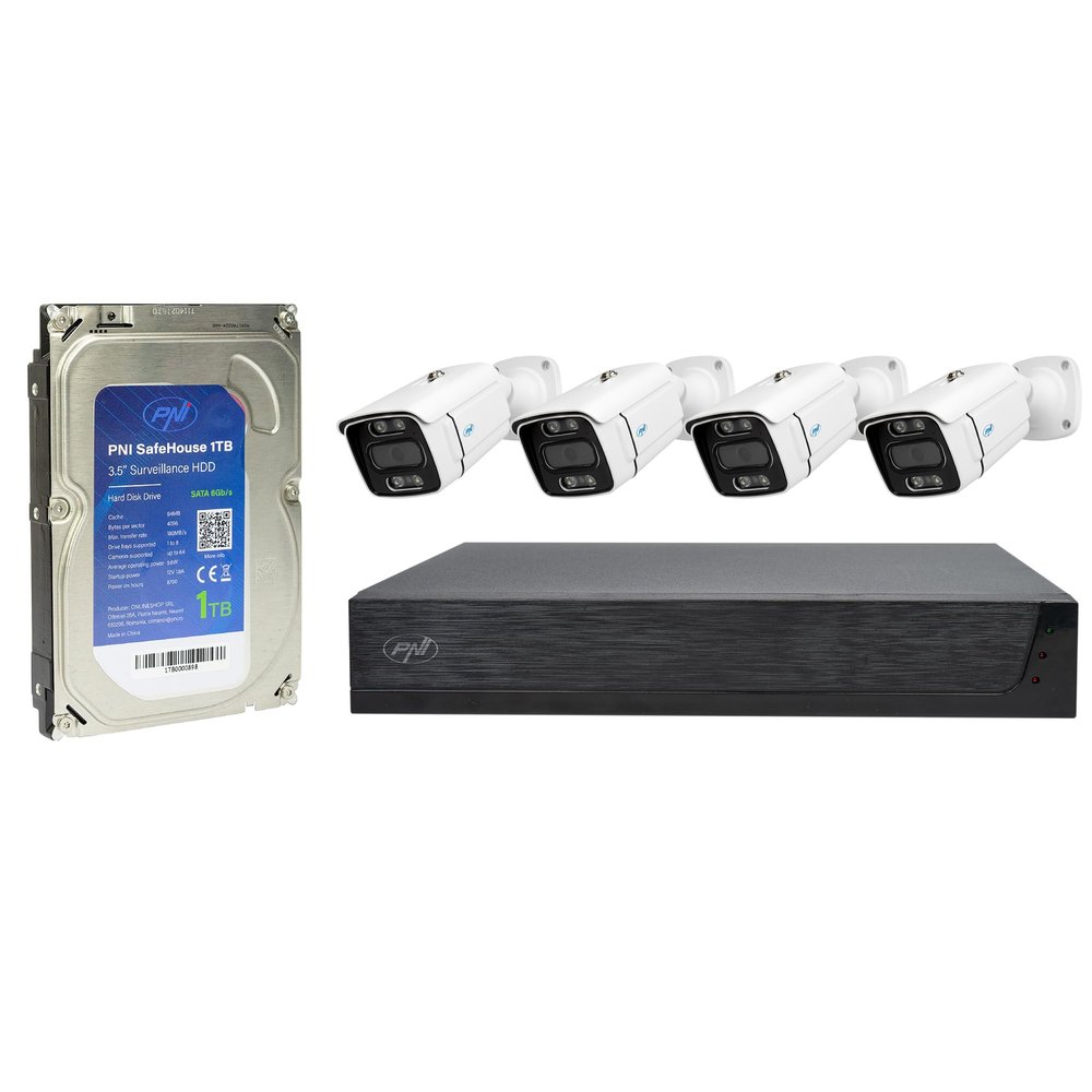 PNI House IPMAX POE 3LR Video Surveillance kit, NVR with 4 POE Ports with 4 3MP IP Cameras, Outdoor and PNI SafeHouse 1TB HDD Included