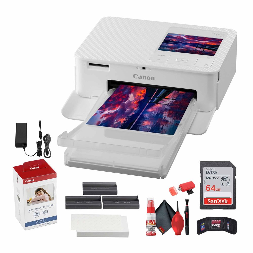 Canon SELPHY CP1500 Wireless Photo Printer with KP-108IN Ink (White) | Compact 4x6 for Mobile Printing + 64GB Ultra Memory Card + Cleaning Kit + More