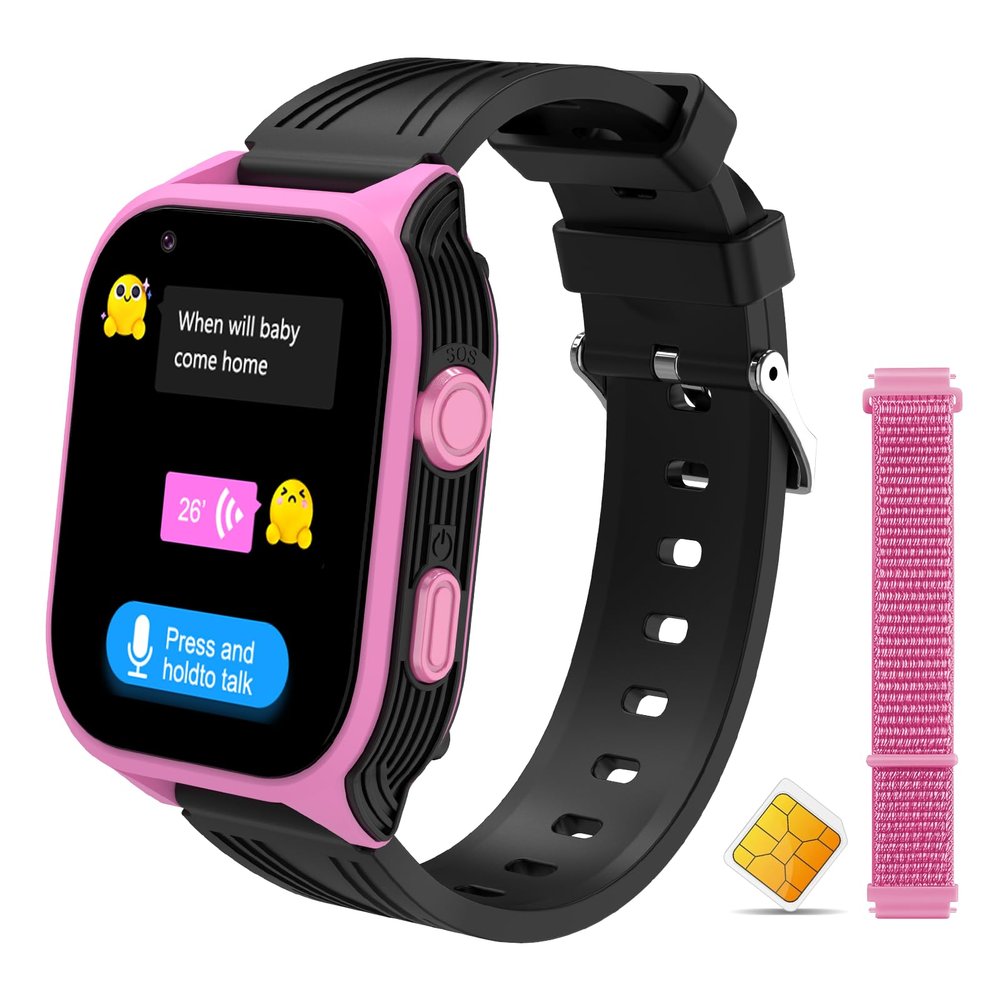 4G Kids Smart Watch with SIM Crad GPS Tracker Whatsapp 1.83" Large Touch Screen WiFi, Call, Voice Video Chat, SOS, Bluetooth, Alarm, Pedometer, Music, Camera Smartwatches for Age 4-15 Gift Pink