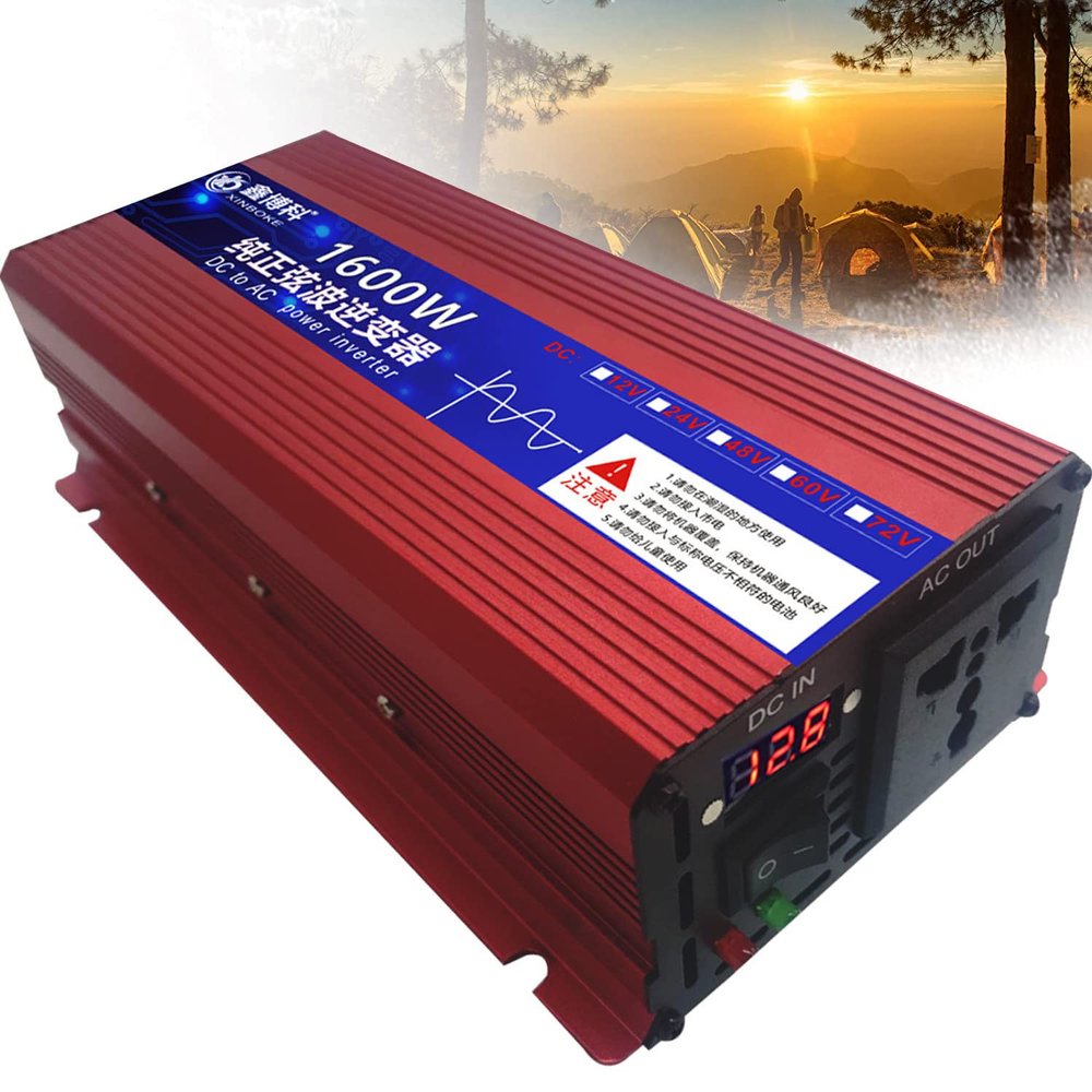 12V 24V 48V 60V 72V to 110V 230V Pure Sine Wave Inverter 600W 1600W 2200W 3000W with LCD Display & AC Sockets for Home, Travel, Camping, RV, Emergency Use
