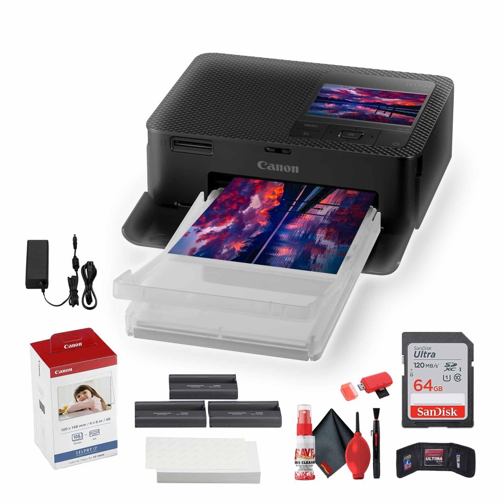 Canon SELPHY CP1500 Wireless Photo Printer with KP-108IN Ink (Black) | Compact 4x6 for Mobile Printing + 64GB Ultra Memory Card + Cleaning Kit + More