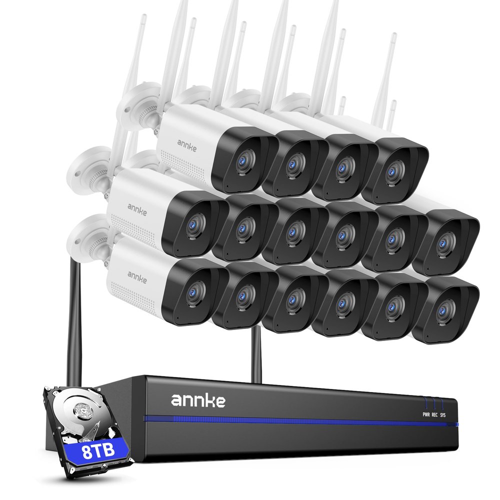ANNKE Wireless Outdoor Security Cameras System, Expandable 16CH 4K NVR with 8TB HDD, 16 Pcs 3MP WiFi Cameras Outdoor, 100ft Night Vision, 2-Way Audio,Remote Access, Human Detection, 24/7 Recording
