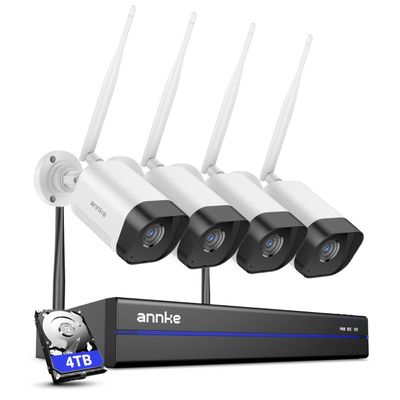 ANNKE Wireless Outdoor Bullet Cameras, 16CH 4K NVR with 4 Cam 3MP, 4TB HDD, WiFi Security Cameras System,100ft Night Vision, 24/7 Recording, Human Detection,2-Way Audio, IP66 Waterproof, Remote Access