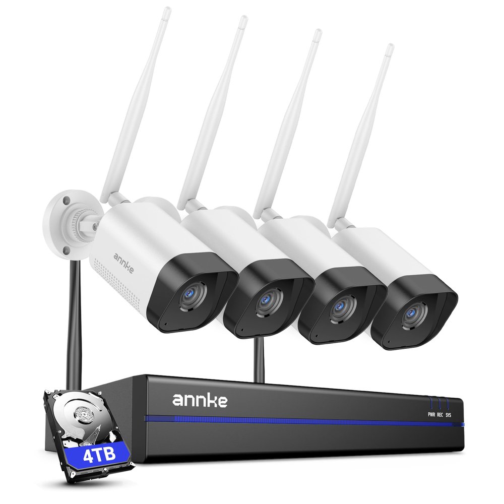 ANNKE Wireless Outdoor Bullet Cameras, 16CH 4K NVR with 4 Cam 3MP, 4TB HDD, WiFi Security Cameras System,100ft Night Vision, 24/7 Recording, Human Detection,2-Way Audio, IP66 Waterproof, Remote Access