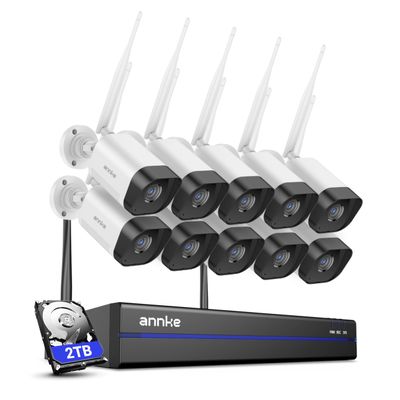 ANNKE 4KCamera System, 16CH 4K NVR Kit with 2TB HDD, 10 Pcs Wireless Home Security Cameras, 100ft Color Night Vision, Alexa Support, 2-Way Audio, Human Detection, 24/7 Recording, IP66, Plug-and-Play