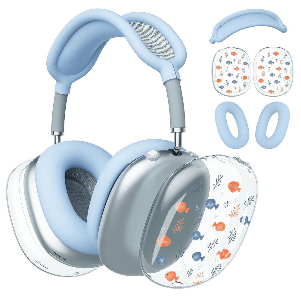 BlHMCASE Headphone Cover for AirPods Max, Cute Fish Clear Ear Cups Covers, Blue Silicone Ear Pad Case Headband Cover for Apple AirPods Max