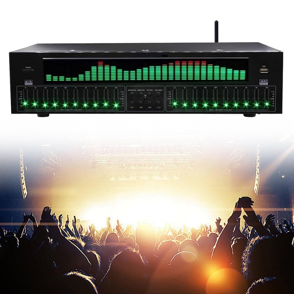 Digital Equalizer, Audio Stereo Graphic EQ, LED Music Spectrum Analyzer, 12 Rhythm Patterns, 31 Segments Dynamic Spectrum, Two 10 Segments Independent Tuning, For Recording Studio