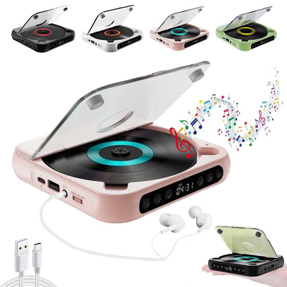 Portable Bluetooth-Compatible CD Player, Home Rechargeable Compact CD Player Built-in HiFi Speakers with Timer and LCD Screen Display, Supports CD/AUX/USB and Repeat Modes (Pink)