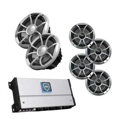 wet sounds HTM-8 Full-Range Class-D 85x8 W RMS @4 OHM Amp, Two Pairs Recon 6-S 6.5" 60-W RMS Coaxial Speakers with Silver XS Grille and Cone & Two Recon 10 FA-S 10" Free Air Subwoofer