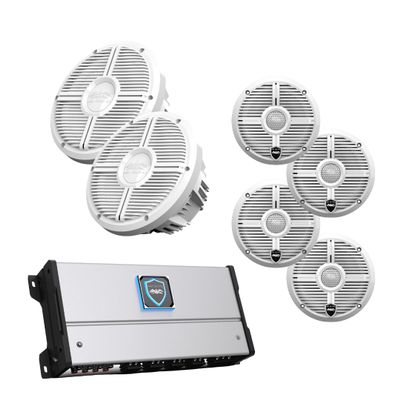 wet sounds HTM-8 Full-Range Class-D 85x8 W RMS @4 OHM Amp, Two Pairs Recon 6 XW-W 6.5" 60W RMS Coaxial Speakers with White XW Grilles and Cone & Two Recon 10 FA-XW-W 10" Free Air Subwoofer