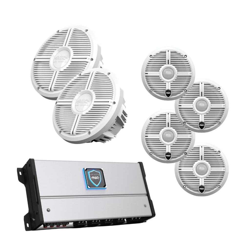wet sounds HTM-8 Full-Range Class-D 85x8 W RMS @4 OHM Amp, Two Pairs Recon 6 XW-W 6.5" 60W RMS Coaxial Speakers with White XW Grilles and Cone & Two Recon 10 FA-XW-W 10" Free Air Subwoofer