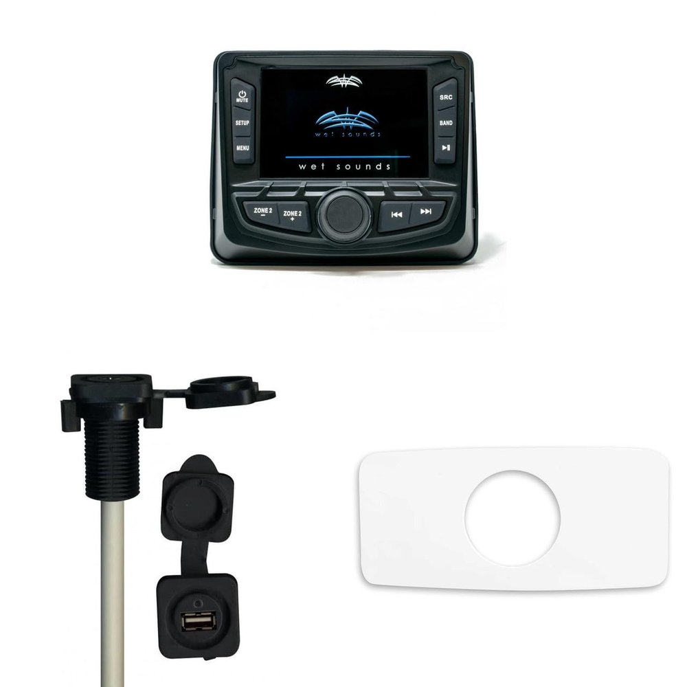 Wet Sounds WS-MC-2 with Marine SEADASH3W Universal Marine 3" Radio Dash Kit-White, and SMRAUXUSB3 USB/Aux