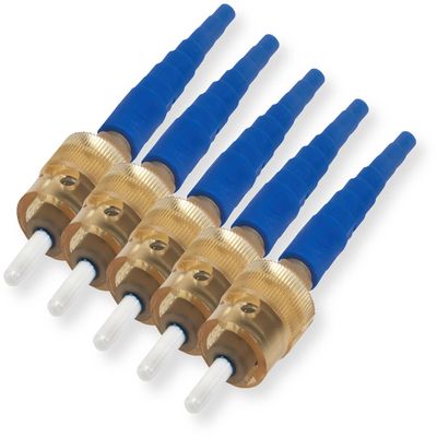 95-200-51 Pack of 5 UniCam Connectors, ST Compatible; Single-Mode OS2 Pretium Fiber Optic Connector; Amber Housing, Blue Boot; Field-Installable; Corning Logo