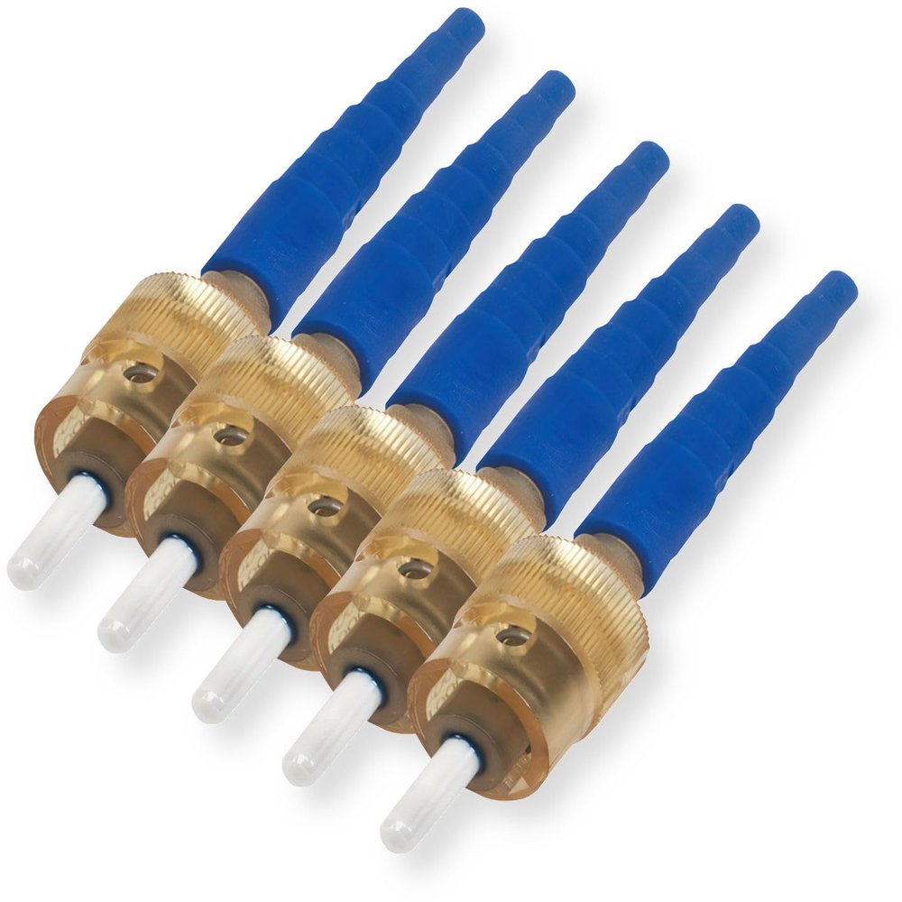95-200-51 Pack of 5 UniCam Connectors, ST Compatible; Single-Mode OS2 Pretium Fiber Optic Connector; Amber Housing, Blue Boot; Field-Installable; Corning Logo