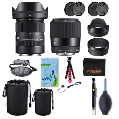 Sigma 18-50mm f2.8 + Sigma 30mm f1.4 DC DN Contemporary Lens for Sony E with Sunshine Photo Accessories Bundle - 4 Years USA Manufacturer Warranty