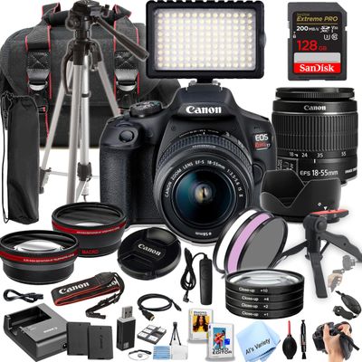 Canon EOS Rebel T7 DSLR Camera Bundle w/Canon EF-S 18-55mm f/3.5-5.6 is II Lens + 128GB Extreme Memory, LED Video Light, Wide Angle Lens, Telephoto Lens, 3pc Filter Kit- 39pc Pro Bundle (Renewed)