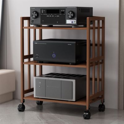 Av Media Stand 3 Tier, Bamboo Audio Rack Cabinet W/wheels & Height-Adjustable Holder for Living Room Theater Room, Amplifier Rack Shelf, Vertical Corner Entertainment Center(3 tier b,L-55cm/21in)