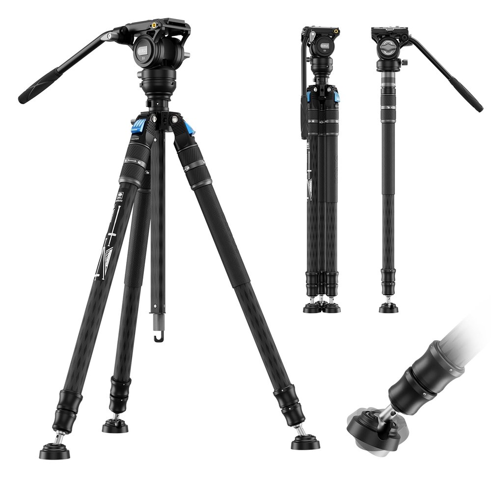 SIRUI SVS60 Carbon Fiber Tripod with S3 Fluid Video Head Kit, 68.5" One-Step Height Adjustment Travel Tripod & Monopods, Modular Compact with Triangular Center Column, 15Leveling, Max Load 13 lbs