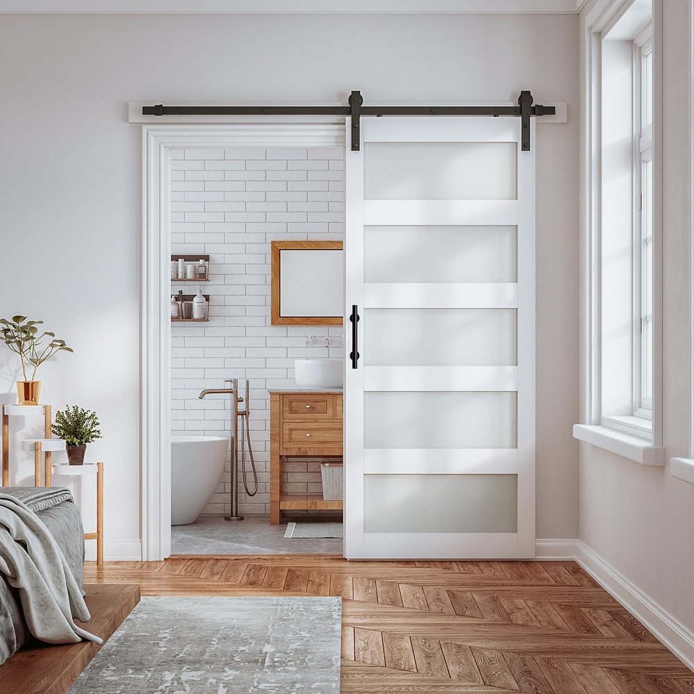 48 x 84 in Glass Wood Barn Door with Installation Hardware