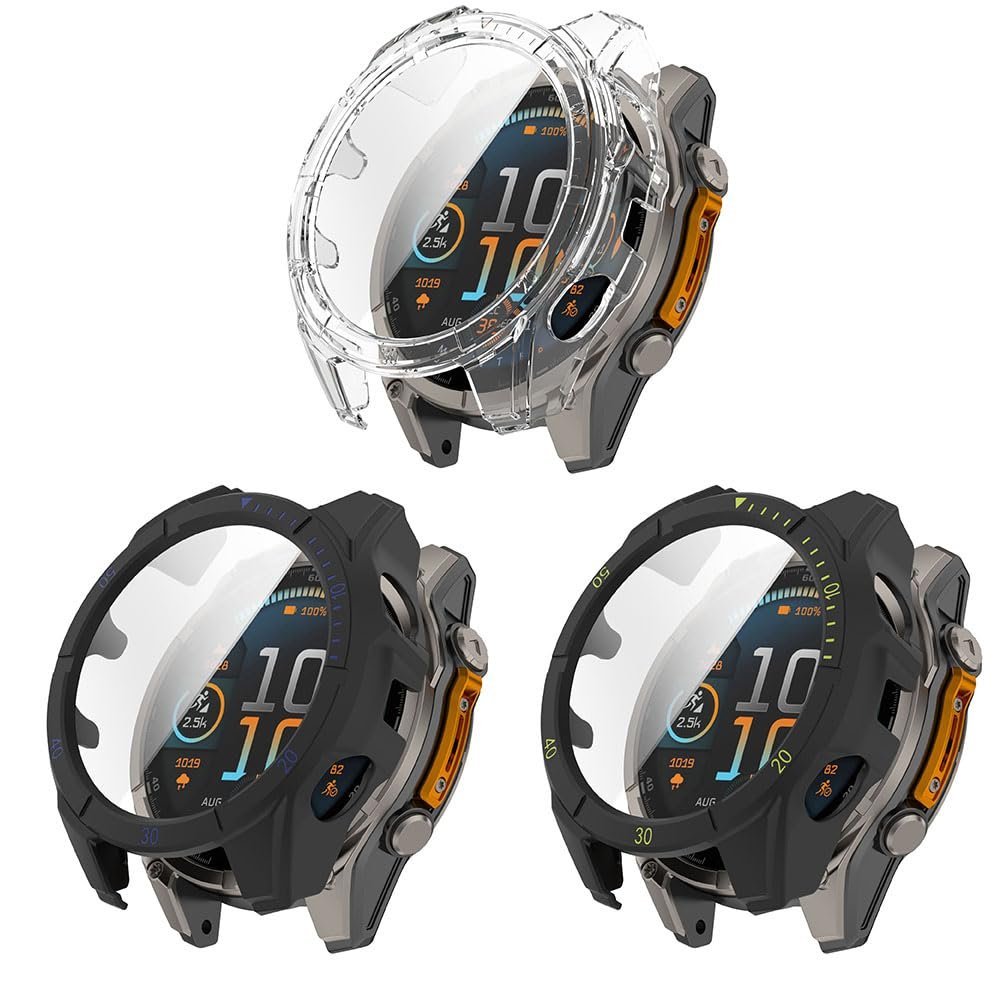 3 Pack Hard Case with Screen Protector for Garmin Tactix 8 AMOLED 47mm/51mm, Ultra-thin PC Protective Shockproof Bumper Cover (Clear/Black&blue/Black&Green, Garmin Tactix 8 AMOLED 51mm)