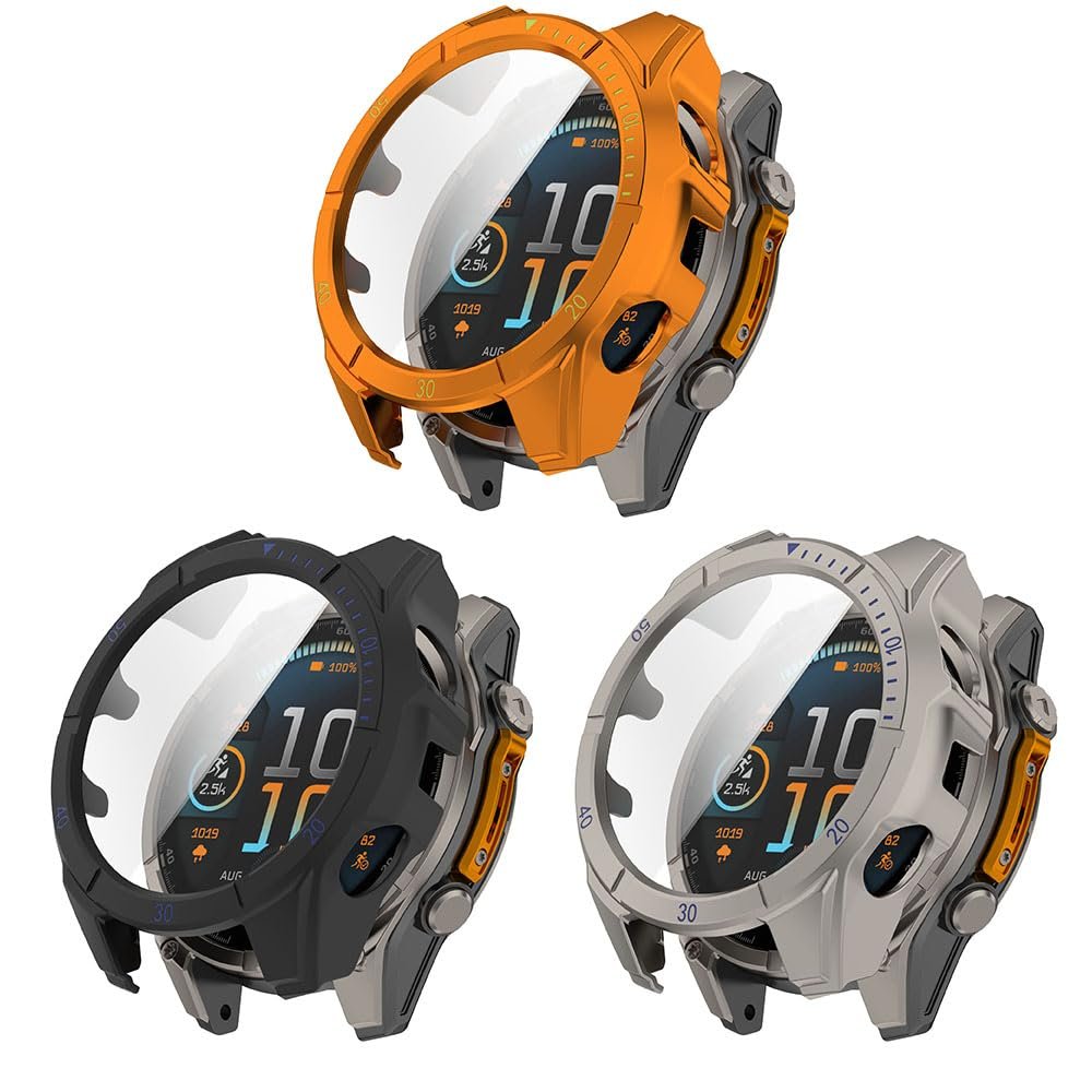 3 Pack Hard Case with Screen Protector for Garmin Tactix 8 AMOLED 47mm/51mm, Ultra-thin PC Protective Shockproof Bumper Cover (Orange/Black&blue/Dark Gray, Garmin Tactix 8 AMOLED 51mm)